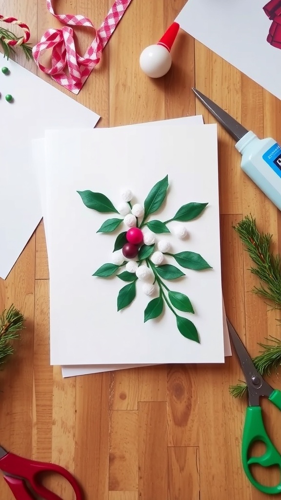 Handmade Christmas card with mistletoe design on a wooden table.